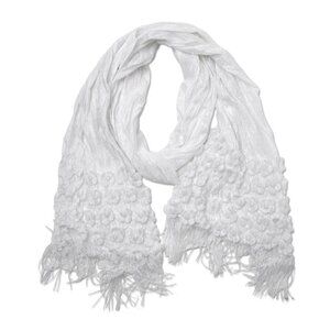 Scrunched White Lightweight Scarf Tassel Roses Semi Sheer Spring Summer Classic